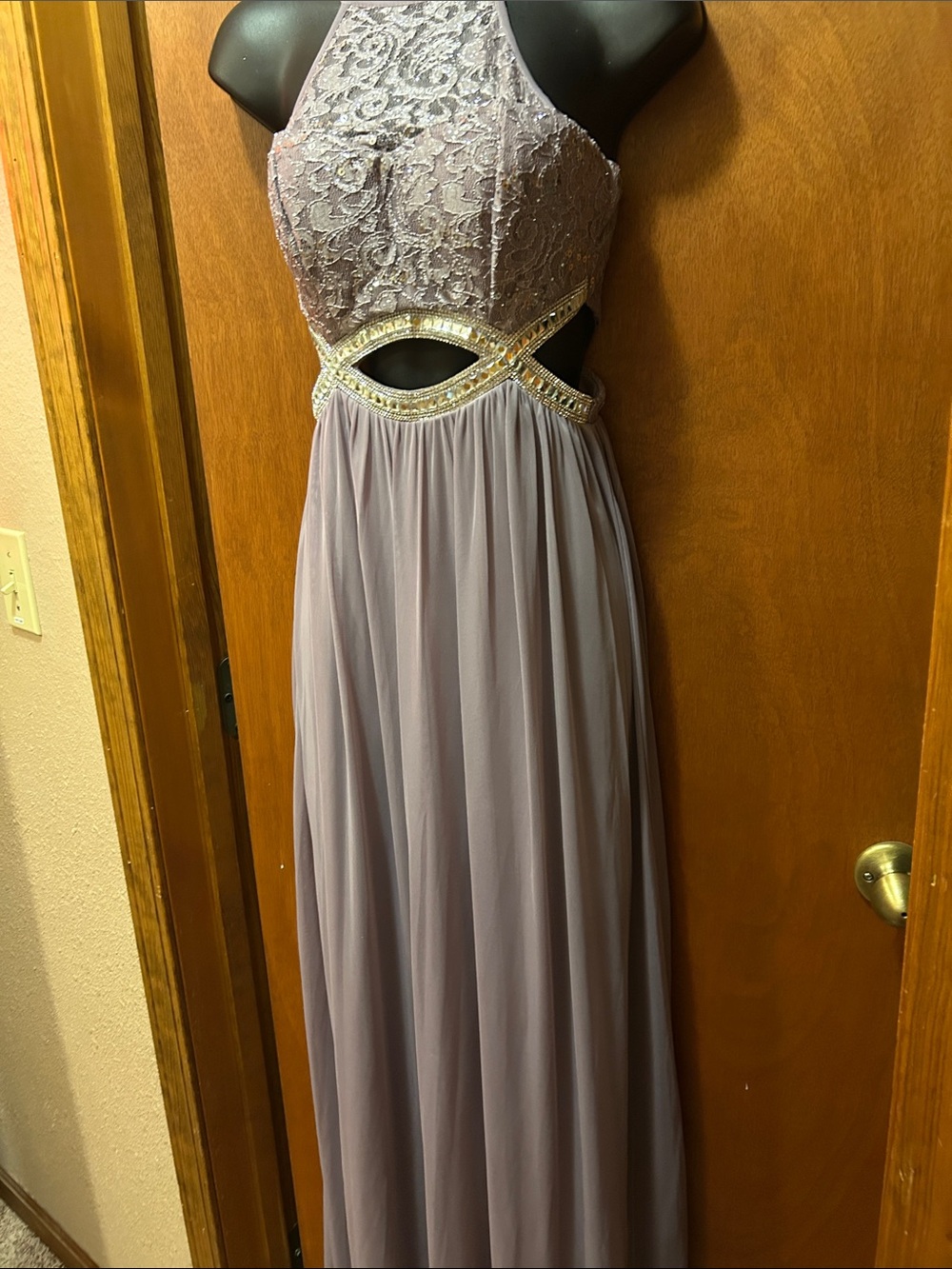 Lace Halter Special Occasion Gown with Cutout and Beaded Waist in Dusty Lavender